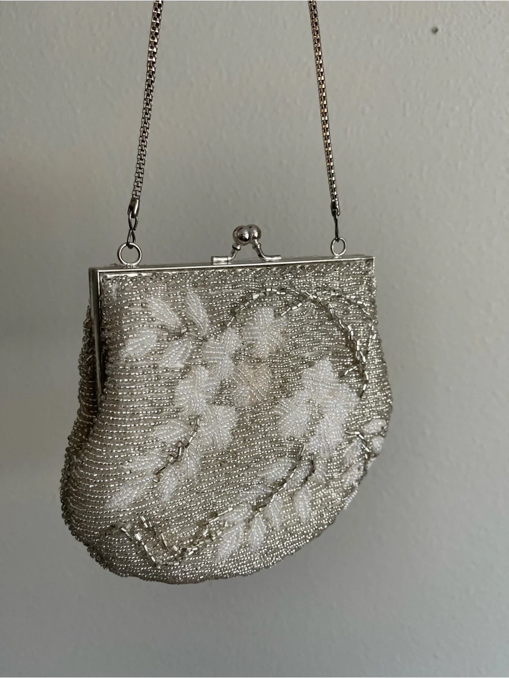 Vintage Silver Beaded Floral Evening Bag